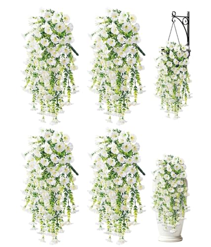 Artificial Hanging Flowers for Outdoors, 4 PCS UV Resistant Morning Glory Flowers with Eucalyptus Leaves, Silk Fake Flower Realistic Faux Plants for Home Patio Porch Garden Decor, White - color: White