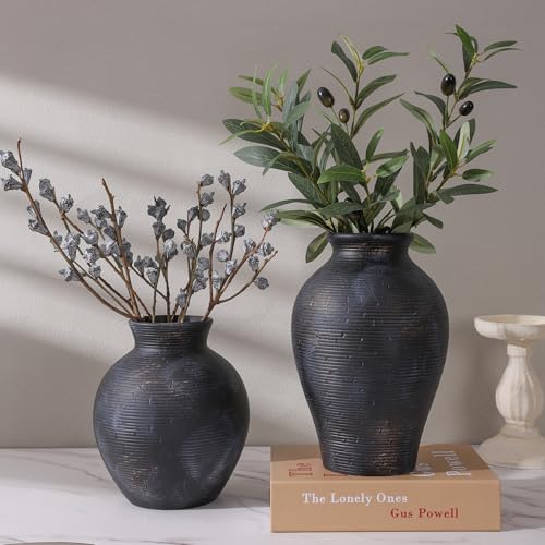 Ceramic Flower Vase Home Decor, 7.4 in Farmhouse Table Vase Retro Vintage Living Room Kitchen Bedroom Decoration Pottery Decorative Vases for Flowers House Shelf Office Desk Dining Entryway, BlackGold - color: 7.4 in - Black Gold