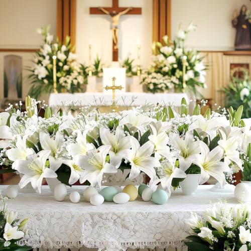 Giegxin 18 Pcs Easter Artificial White Lilies with Baby's Breath, Latex Fake Tiger Lily Bouquet for Easter Spring Home Church Wedding Decorations, Faux Gypsophila Floral Arrangement - color: White, style: Lily, Babys Breath