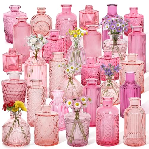 Set of 30 Pink Colored Glass Bud Vases - Small Textured Flower Vases for Centerpieces, Wedding Table Decor, Retro Home Decor Bulk Vase Set for DIY, Events & Gifts - color: Pink
