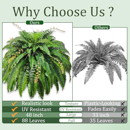 2pcs 48in 88 Blades Artificial Boston Ferns for Outdoors Large, UV Resistant Faux Outdoor Plants,Weatherproof Fake Ferns Plants Outdoor Indoor for Garden Porch Patio Home Decor - color: Bosten Fern, size: 2Pcs