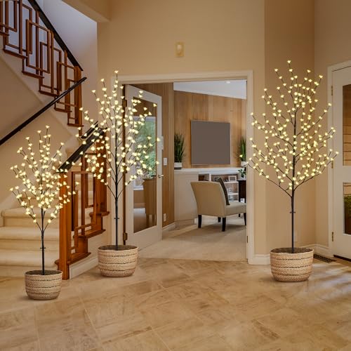 Lightshare LED Lighted Cherry Blossom Tree, 4FT, 5FT and 6FT, Warm White, Pack of 3, Decorate Home Garden, Summer, Wedding, Birthday, Christmas Holiday, Party, for Indoor and Outdoor Use - style: 4FT+5FT+6FT Warm White