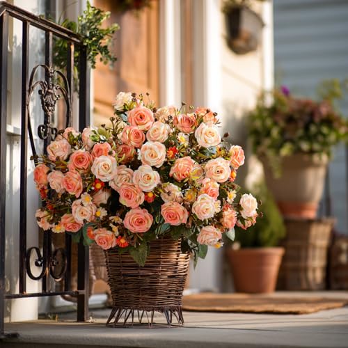 Artificial Rose Flowers for Outdoor 4 Bundles Rose Bouquet with Daisy Faux Flowers UV Resistant for Home Indoor Outside Garden Porch Window Box Balcony Yard Porch Fall Decor (Orange) - color: Orange