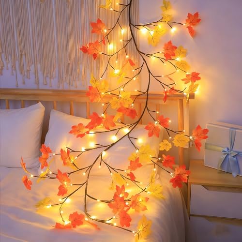 Maple Leaf LED Tree Branch Lights for Wall, Maple Leaf Lights Twig Decor Garland with144 LED Lights and USB Powered, 8 Lighting Modes or Autumn Table Fireplace Porch Thanksgiving Indoor Decor (91in) - size: 91in, style: Maple leaf