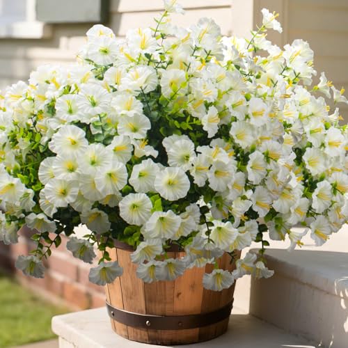 Grunyia Artificial Morning Glory Flowers - 16PCS White UV Resistant Faux Silk Plastic Blooms, Realistic Fake Plants for Garden Porch Planters Window Wedding Indoor Outdoor Decor - color: White