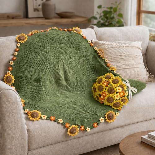 Crochet Flower Bouquet Throw Blanket, Cute Romantic Gift for Her Girlfriend Mom Mother’s Day Valentine Wedding Anniversary Birthday (Green Sunflower, 32 inches) - color: Green Sunflower, size: 32 inches