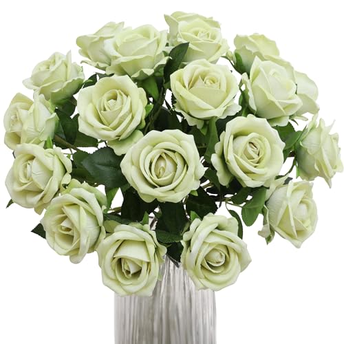Hawesome Fake Roses Artificial Silk Flowers - 12 Pcs Green Roses Artificial Faux Flowers with Stems for Home Wedding Centerpiece Hotel Office Decor - color: Green