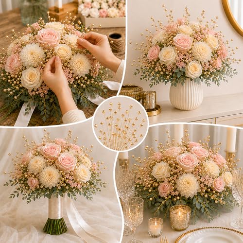 60 Pieces Pearl Stick Stems Bouquets, 4mm Bead String Garland Beaded Spray Filler Floral Arrangements Tree Picks Wedding Party Decoration, Mother's Day Flower Decor, Christmas Tree Picks (Gold) - color: Gold