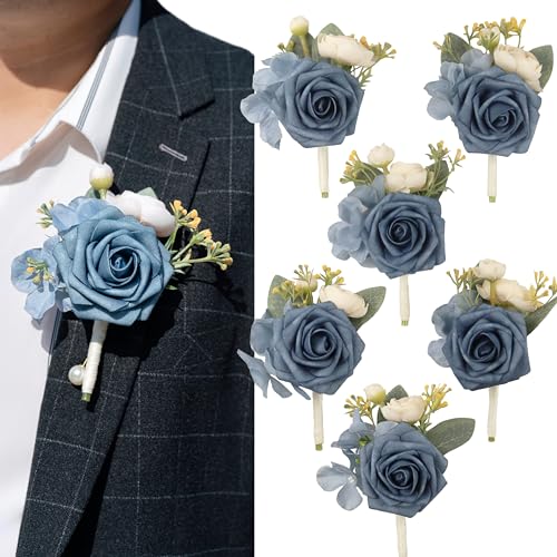 Dusty Blue Boutonniere for Men,Prom boutonnieres,Navy Blue,Groom and Groomsmen Boutonniere for Wedding Ceremony Anniversary, Formal Dinner Party and Grad Night (Set of 6) - color: Dusty Blue, size: set of 6