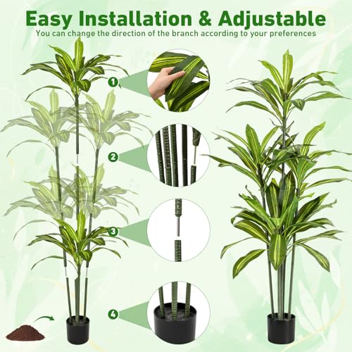 Giegxin 2 Pack 5 FT Artificial Dracaena Tree, Indoor Fake Tree with Black Stable Planter, Natural Wood Trunk & Lifelike Leaves Dracaena Plants for Home Living Room Porch Office Housewarming Gift - size: 5 ft