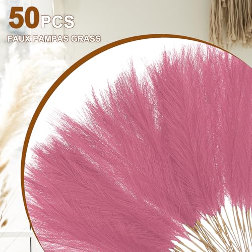 uxcell 50 Pcs Faux Pampas Grass 52cm/20.5" Artificial Fake Dried Pampas Grass Decor with Stem for Floor Vase Filler, Wedding Decoration, Home Decoration, Bright Pink - color: Bright Pink