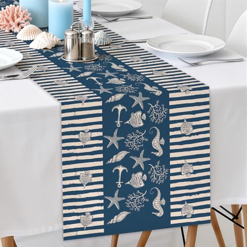 Larponder Starfish Coral Coastal Table Runner, 13x108 Inch | Ocean Beach Sea Animals Theme Table Runner Table Decoration, for Summer Holiday Kitchen Dinning Coffee Table Home Party Decor - color: Ocean-1, size: 13" x 108" (Rectangular)