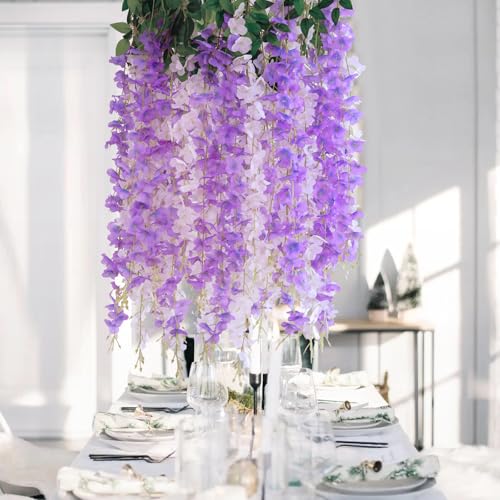24Pcs Artificial Wisteria Hanging Flowers, 3.6Ft/Pcs White & Purple Fake Wisteria Garland for Wedding Party Home Garden Indoor Outdoor Decoration - color: White & Purple, size: 24Pcs