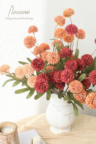 Floroom 9pcs Dark Red Burnt Orange Mix Faux Silk Mums Artificial Flowers, Bulk Fake Small Mini Chrysanthemums with Stems for DIY Wedding Centerpieces Floral Arrangements Vase Fillers Home Decorations - color: Warm Glow Red, size: 9pcs