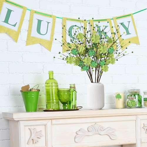 Sggvecsy St.Patrick's Day 6 Pcs Glitter Shamrock Berry Stems Artificial Foam Shamrock Picks Green Yellow Berry Branches for Irish St.Patrick's Day Arrangement Centerpiece Home Vase Decor - color: Green