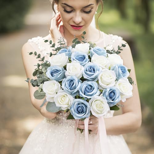20PCS Artificial Roses with Long Stems - Realistic Silk Flowers, Fake Roses Real Touch Bouquet Roses for Home Decor, Bridal Wedding Table Centerpieces, Faux Rose Flowers (White&Sky Blue) - color: White&sky Blue, size: 20 PCS