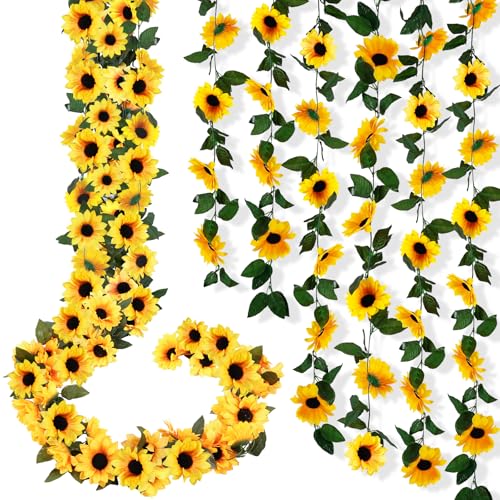 12-Pack Artificial Sunflower Garland Decor,7.5ft/Strand Fake Silk Sunflowers Hanging Vines with Green Leaves for Wedding Home Table Garden Baby Shower Birthday Kitchen Outdoor Wall Decorations - color: Sunflower, size: 12 Pack