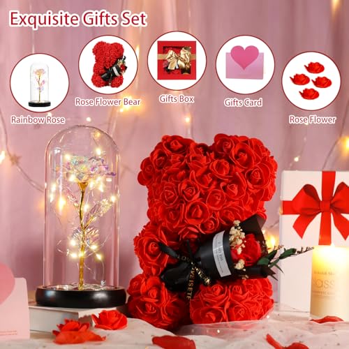 Mothers Day Rose Gifts for Mom Women Wife Girlfriend, Rose Bear & Beauty and the Beast-Inspired Rainbow Light-Up Roses Gift Set – Perfect for Valentine’s, Birthday Mother’s Day and Anniversary - color: Red +Colorful Rose