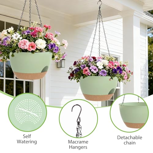 8 Inch Hanging Planters for Indoor Outdoor Plants, 4 Pack Green Brown Plastic Self Watering Hanging Baskets with Drainage Holes and Chain for Garden Porch - color: Green Brown