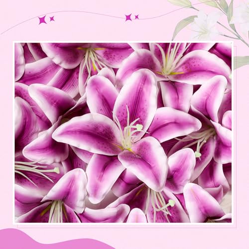 Suncalla 30 Pack Large Artificial Lilies Flower Heads with Realistic Stamens 5.9" Faux Fake Lily Flower Heads Bulk for DIY Crafts Cake Wedding Bridal Wreaths Table Home Party Decor(Purple) - color: Purple