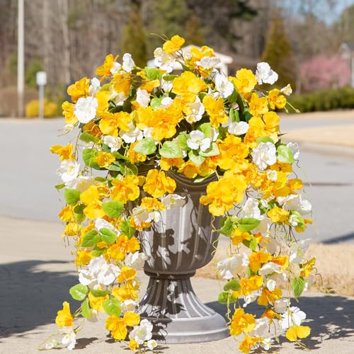 Fake Hibiscus Artificial Hanging Flowers Plants for Outdoors Spring Decoration, 4pcs Silk Hibiscus Vines Realistic UV Resistant Faux Flowers for Outside Planter Porch Patio Yard Wedding Party, Mix - color: Yellow + White, size: 4 pcs