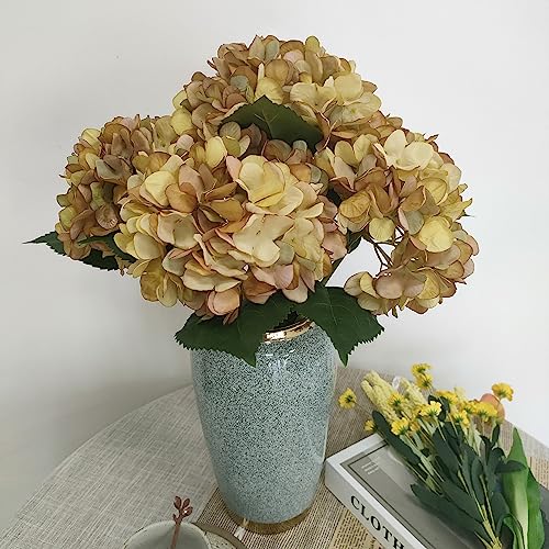 Hydrangea Artificial Flowers,6 Pcs Faux Hydrangea Flowers,Artificial OchreYellow Hydrangeas Flowers with Stems,Fake Hydrangeas,Yellow Silk Flowers with Stems for Home Decor - color: Ocher Yellow