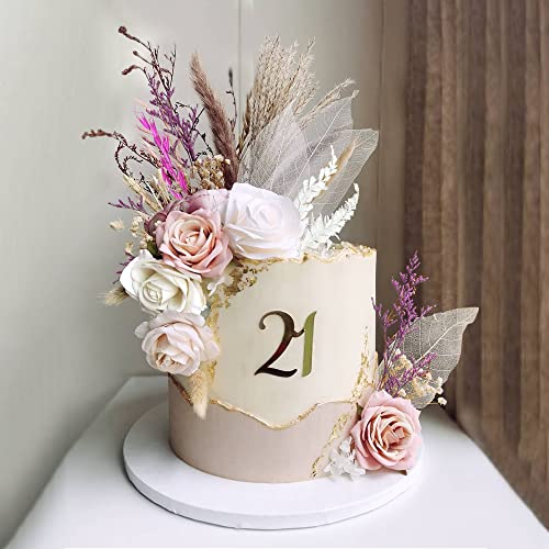 25 PCS Natural Boho Cake Topper Vintage Artificial Flowers Leaves Various Dried Pampas Grass Cake Decor for Wedding Bridal Birthday Party Supplies (Pink White Champagne) - color: Pink White Champagne