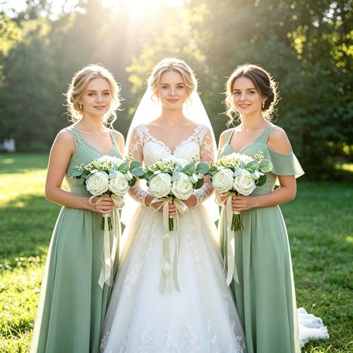 Artificial Bridesmaid Bouquets Set of 8 - Ivory White 9 Inch Various Flower Bouquet for Wedding Party Ceremony Anniversary Dinning Table Centerpieces Decor Faux (Rose & Hydrangea & Ribbon) - color: Rose & Hydrangea