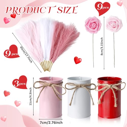 Zeyune 3 Sets Pampas Grass and Rose Table Centerpiece Set, 3 Metal Bud Vases with 18 Pcs Faux Pampas Stems and Roses for Wedding, Bridal Shower, Anniversary Dinner, Home Table Decor - color: 3 Colors, size: Pampas Grass and Rose