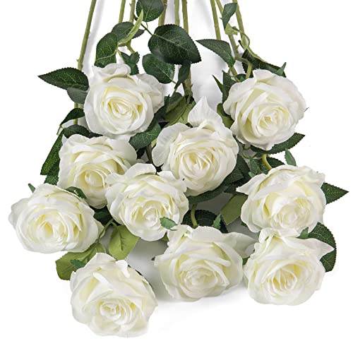 10pcs White Silk Roses Artificial Rose Flowers Long Stem for DIY Wedding Bouquet Table Centerpiece Home Décor - color: X-white