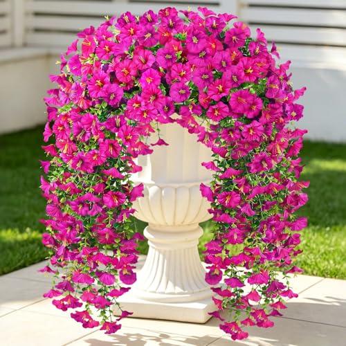 Artificial Hanging Flowers for Outdoors, 6Pcs UV Resistant Morning Glory Fake Flowers Outdoors Decorations, Realistic Silk Faux Hanging Plants Decor for Outside Planter Porch Patio (Lotus Color) - color: Lotus Color