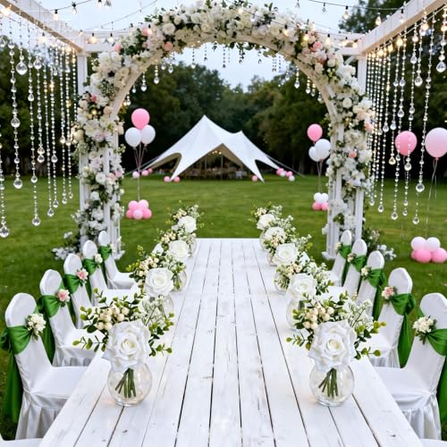 Garvee 6 Pcs Artificial Flowers in Vase, Lifelike Fake Rose Eucalyptus Leaves & Baby Breath, Faux Flower Arrangements for Wedding Bride Bouquets Home Kitchen Table Decorations, White