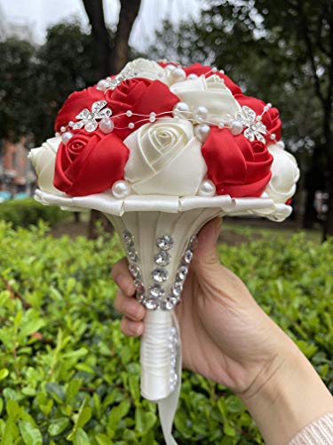 S_SSOY Wedding Bouquet Bride Bridal Brooch Bouquets Bridesmaid Bouquet Diamond Pearl Ribbon Valentine's Day Confession Party Church with Free Corsage Flower, Red+Creamy - color: Red+creamy