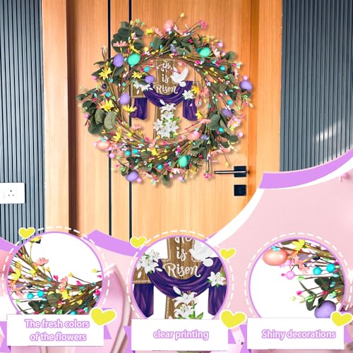 20 Inch Easter Wreaths with Cross Artificial Easter Eggs and Flowers Wreath for Front Door Spring Door Hanging Decorations for Home Party Holiday Celebrations Window Wall Decor - color: Easter-3
