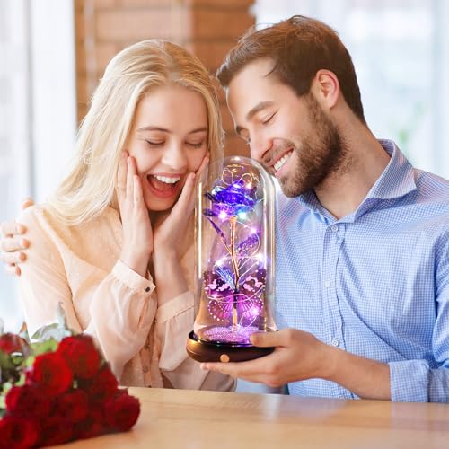 Mothers Day Rose Gifts for Mom Birthday Gift for Women, Rechargeable Galaxy Glass Rose in Glass Dome Crystal Roses Butterfly Mother's Day Flowers Gifts for Women Mom Wife Grandma Daughter, Purple - color: USB-B Purple