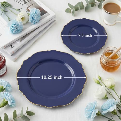 WDF 100pcs Blue Plastic Plates - Baroque Blue&Gold Disposable Plates for Parties/Wedding-50Plastic Dinner Plates 10.25in, 50Salad Plates 7.5in for Party/Birthday/Wedding/Independence Day/Father's Day - color: Blue and Gold, size: 100PCS