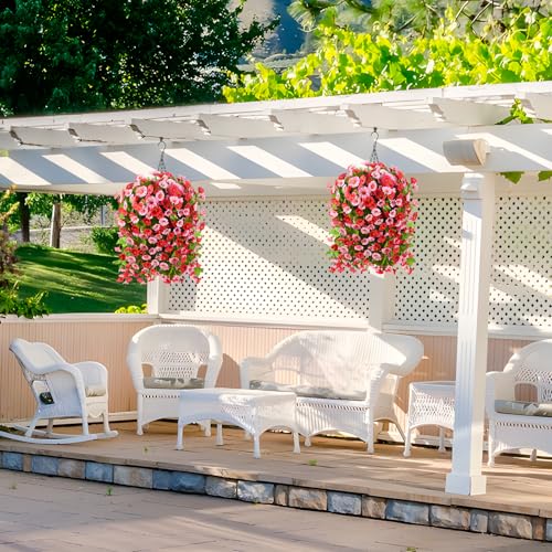 Homsunny Artificial Faux Hanging Flowers Plants Baskets for Outdoor Spring Summer Decorations,Resistant Fake Morning Glory Silk Plants for Outside UV Resistant Patio Yard Home Porch Decor(Rose red) - color: Rose Red