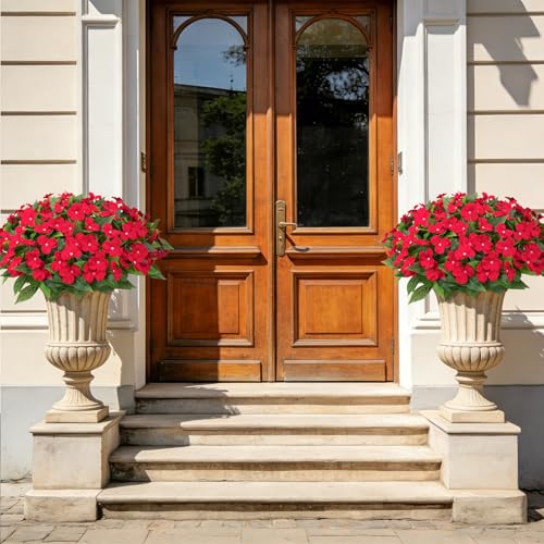 Artificial Flowers for Outdoors Decorations, 6 Bundles Realistic Impatiens Silk Faux Flowers UV Resistant Fake Plants for Outside Pot Patio Garden Porch Planters Window Box Balcony Indoor Home Decor - color: Red