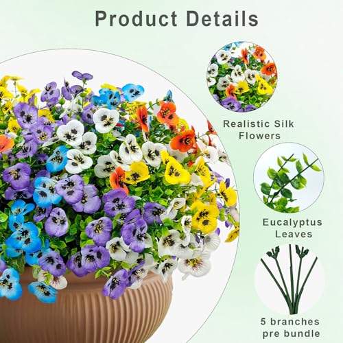 16 Bundles Artificial Fake Pansies Flowers for Outdoors Silk Colorful Pansy UV Resistant Faux Plastic Plants for Outside Planter Front Door Porch Yard Patio Garden Decor (5 Mixcolor) - color: 5 Mixcolor