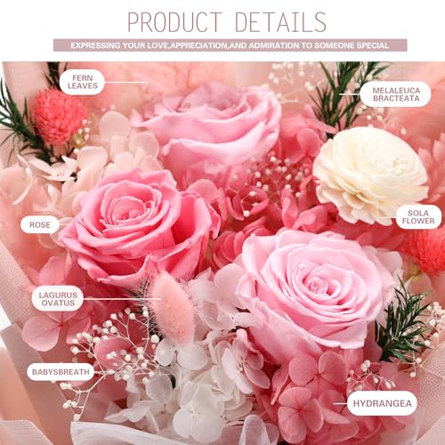 Casaido Preserved Flowers for Delivery, Mothers Day Pink Flower Bouquets with Necklace, Forever Real Roses Anniversary Birthday Valentines Day Christmas Rose Gifts for Women Mom Wife Girlfriend - color: Pink
