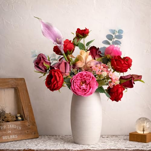 Artificial Flowers Arrangements, Fake Rose & Peony Real Touch Bouquet, Lifelike Faux Floral Assortment Centerpiece for Home Wedding Party Decor (Red & Pink Mixed)