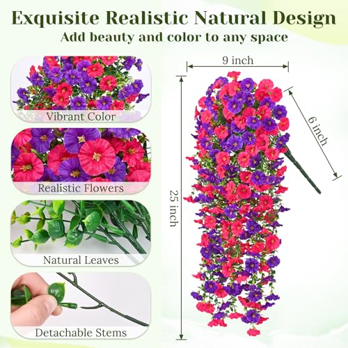 Dolicer 4 Pack Look Real Artificial Flowers for Outdoors, Fake Artificial Hanging Flowers for Outdoors Realistic UV Resistant Hanging Flowers Silk Petunia Faux Flowers for Porch Patio(Purple+Rose Red) - color: Purple+rose Red, size: 4 packs