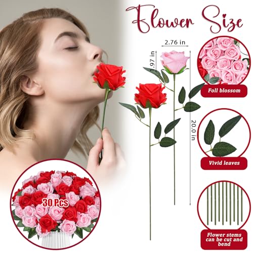 30pcs Red Pink Roses Artificial Flowers, Silk Faux Roses, Realistic Red Flowers for Wedding Centerpieces, Cake, Bridal Bouquets, Home Decor, Anniversary, Valentine's Day Decoration - color: Red + Pink