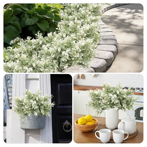 6 Bundles Artificial Greenery Stems, 14.5" Fake Lucky Bamboo Leaves Faux Outdoor Plants UV Resistant Plastic Shrubs for Outside Home Garden Wedding Patio Porch Farmhouse Pathway Indoor Decorations - color: White