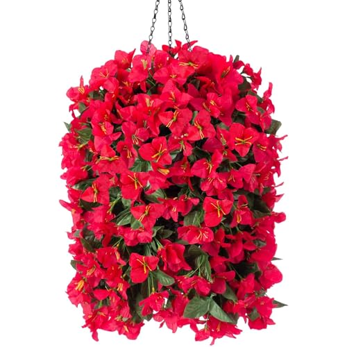 INSPRING Artificial Bougainvillea Faux Flowers Plants Baskets for Outdoor Outside Decoration, 3PCS Fake Silk Flowers Long Trailing Vines UV Resistant Realistic for Front Door Porch Patio (Red) - color: Red