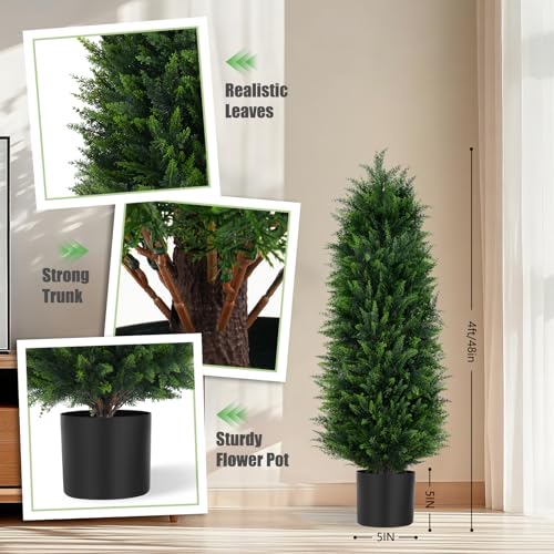 Grooy Artificial Cedar Trees, 4FT Tall Faux Tree Potted Plants with Trunk 48in Fake Cypress Tree for Indoor Outdoor Front Porch Garden Decor-2pack