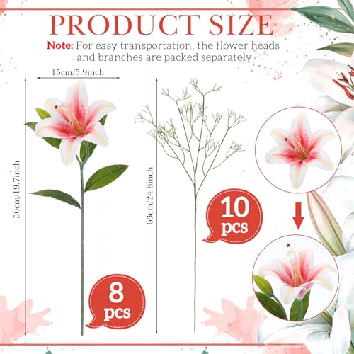 Giegxin 18 Pcs Artificial Pink Lilies with Baby's Breath, Latex Fake Tiger Lily Bouquet for Spring Home Church Wedding Decorations, Faux Gypsophila Floral Arrangement - color: Pink, White, style: Lily, Babys Breath