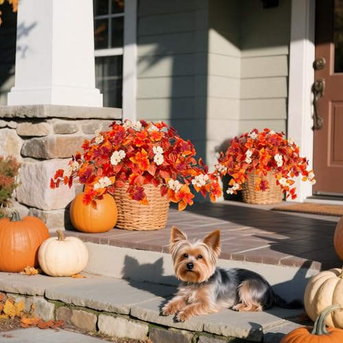 INXUGAO Fake Fall Flowers Artificial for Decoration 2PCS Faux Silk Fall Flowers Plants for Outdoors Outside Planters UV Resistant Looks Real for Front Door Porch Patio Garden Decor - color: Y2-orange Red White