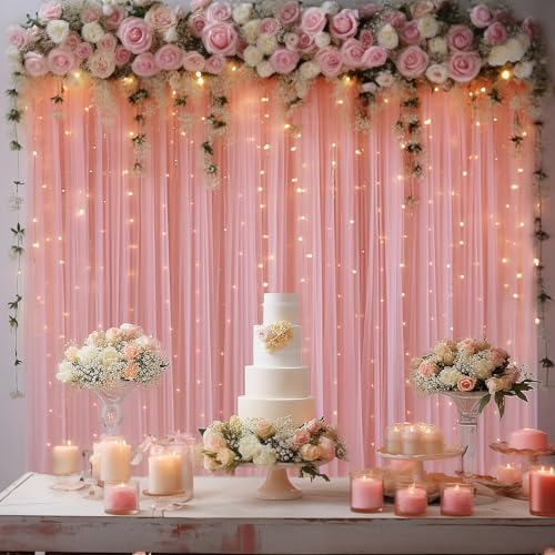 10ft x 8ft Dusty Rose Backdrop Curtain with Lights String for Parties, Sheer Tulle Wedding Photo Backdrops Drapes for Baby Shower Birthday Party Decorations Background for Photography - color: Dusty Rose, size: W5' x H8'(2 panels)