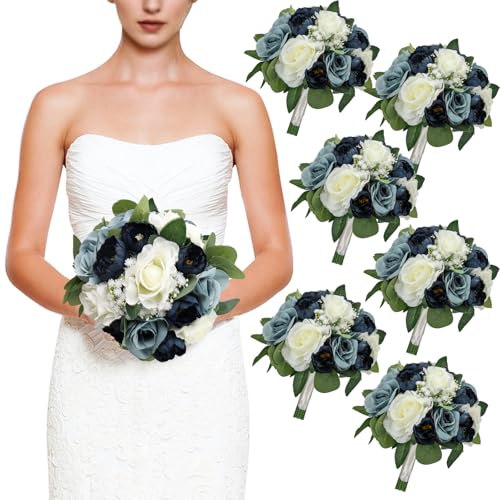 Set of 6 Navy & Dusty Blue Silk Bridesmaid Bouquets, 11 Inch Round Artificial Flower Arrangements for Wedding Decorations - color: Navy & Dusty Blue, size: Set of 6 Bouquets